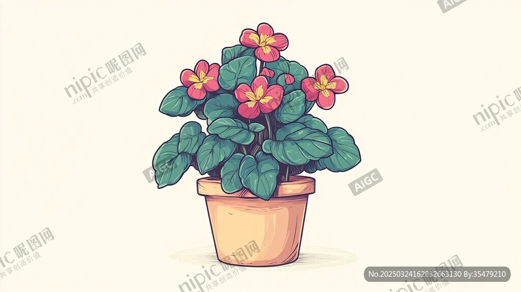 盆栽花卉插画 色彩清新