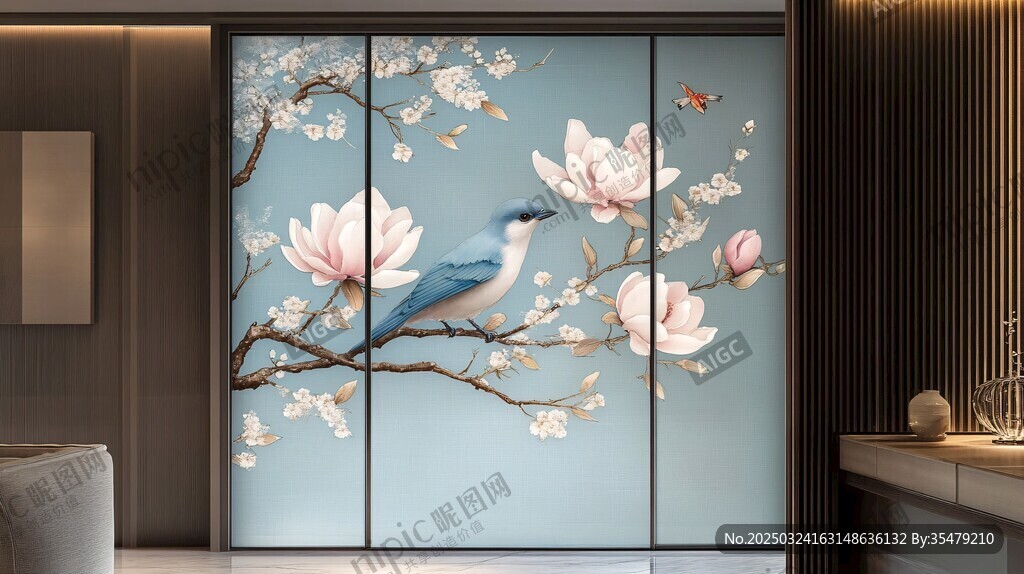 玉兰花鸟中式移门装饰画