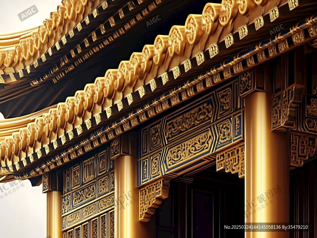 中式古建筑金色屋檐特写
