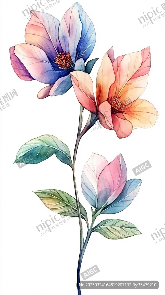 水彩绘三朵多彩花卉