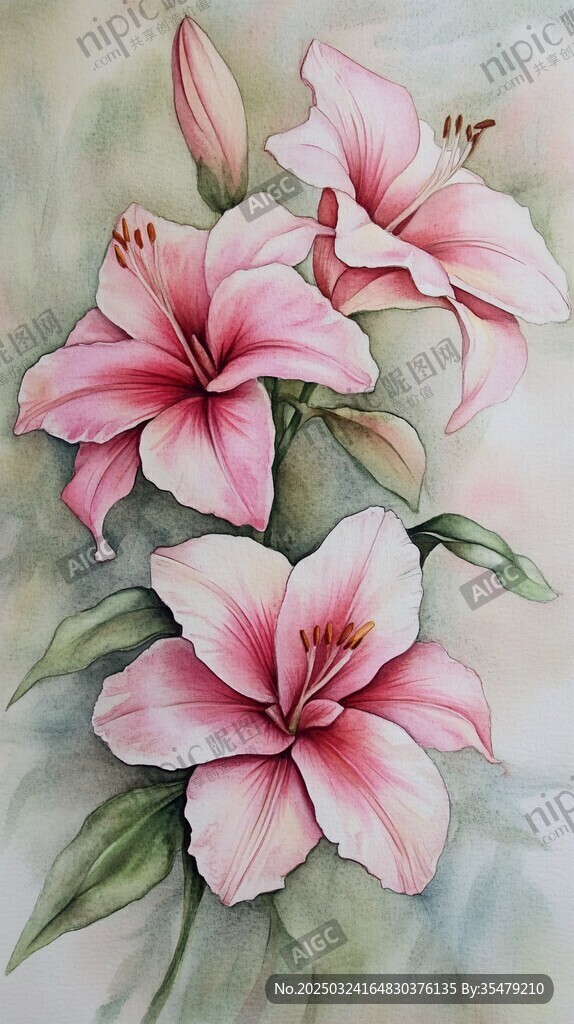手绘粉色百合花绽放之美