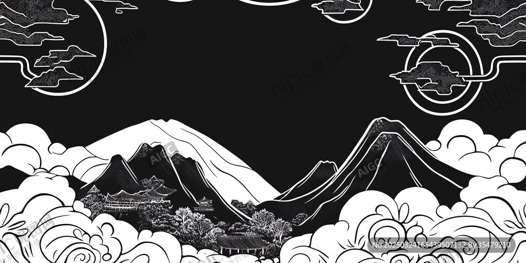 日式黑白山水风景插画