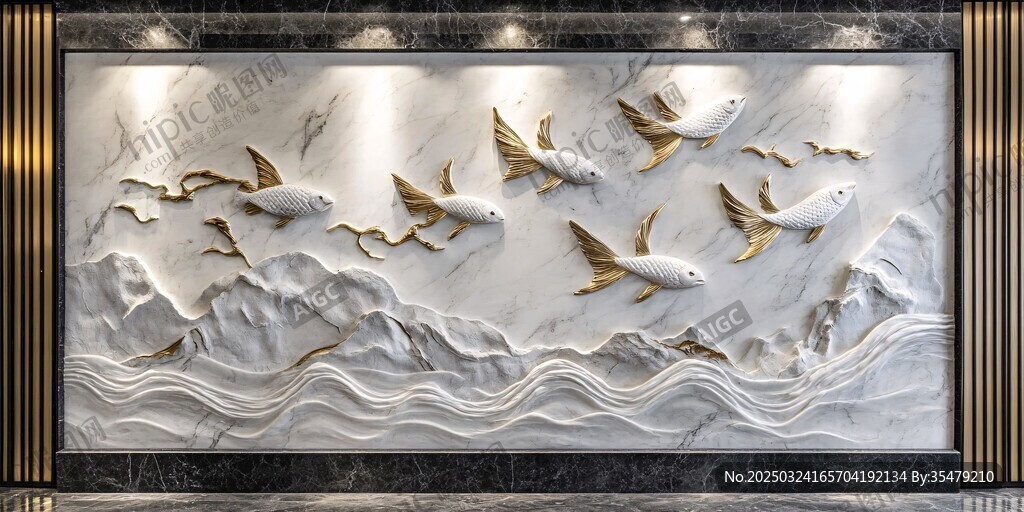 金鲤跃浪山水浮雕壁画
