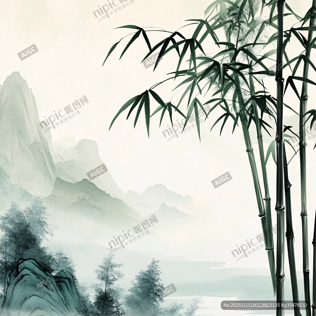 水墨山水间的劲竹风姿