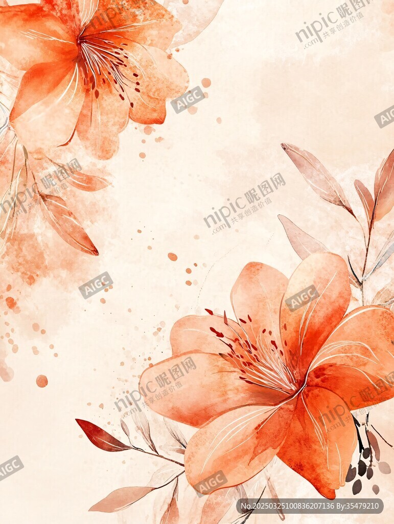 橙色花卉水彩风浪漫插画