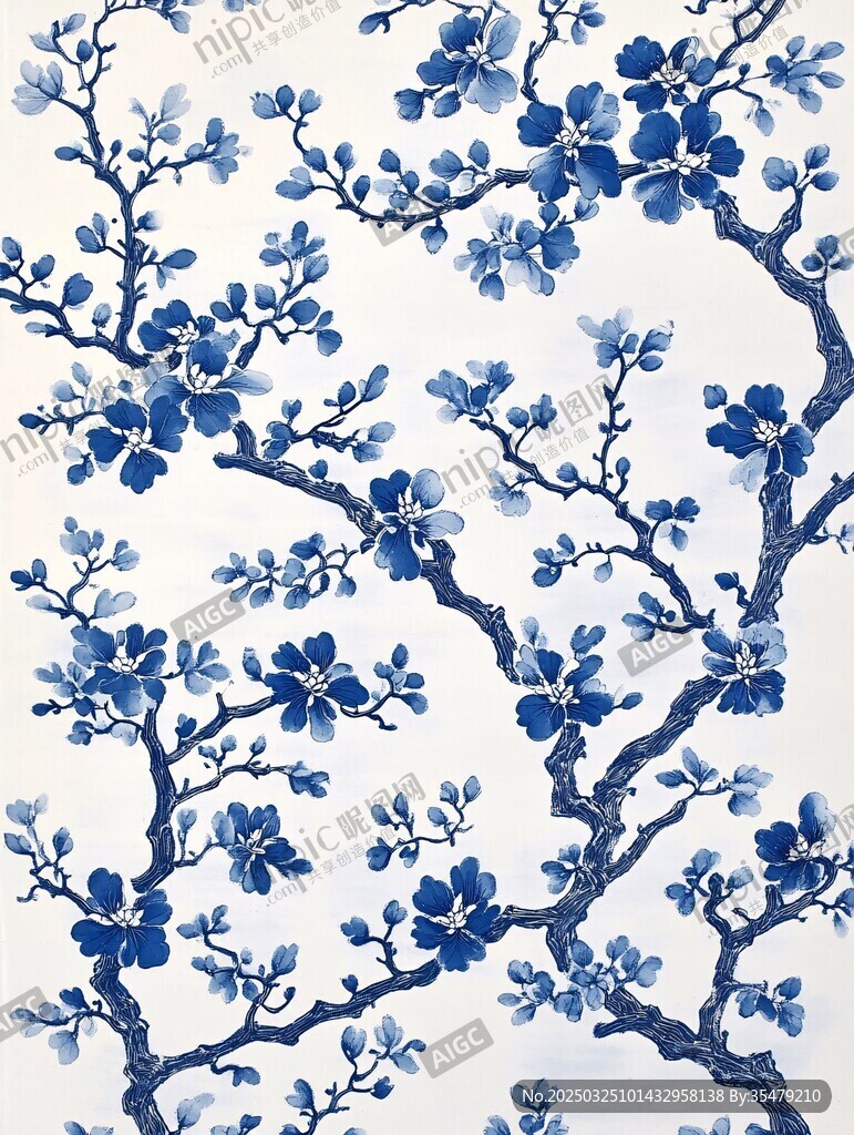 蓝白花卉中式图案纹理