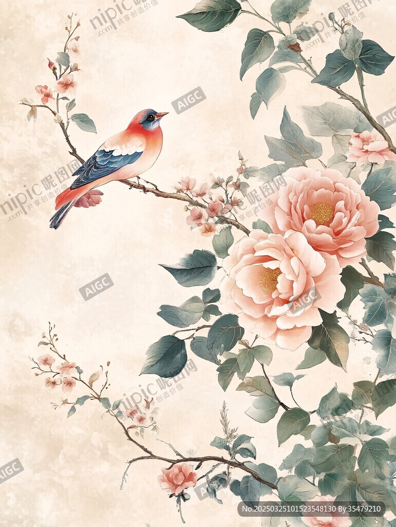 花鸟图 枝头雀与娇艳花卉