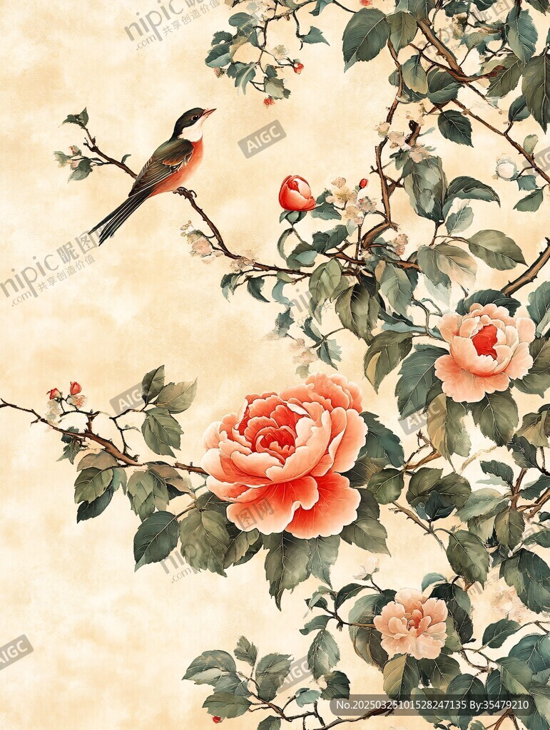 花鸟图 雀栖繁花枝头间
