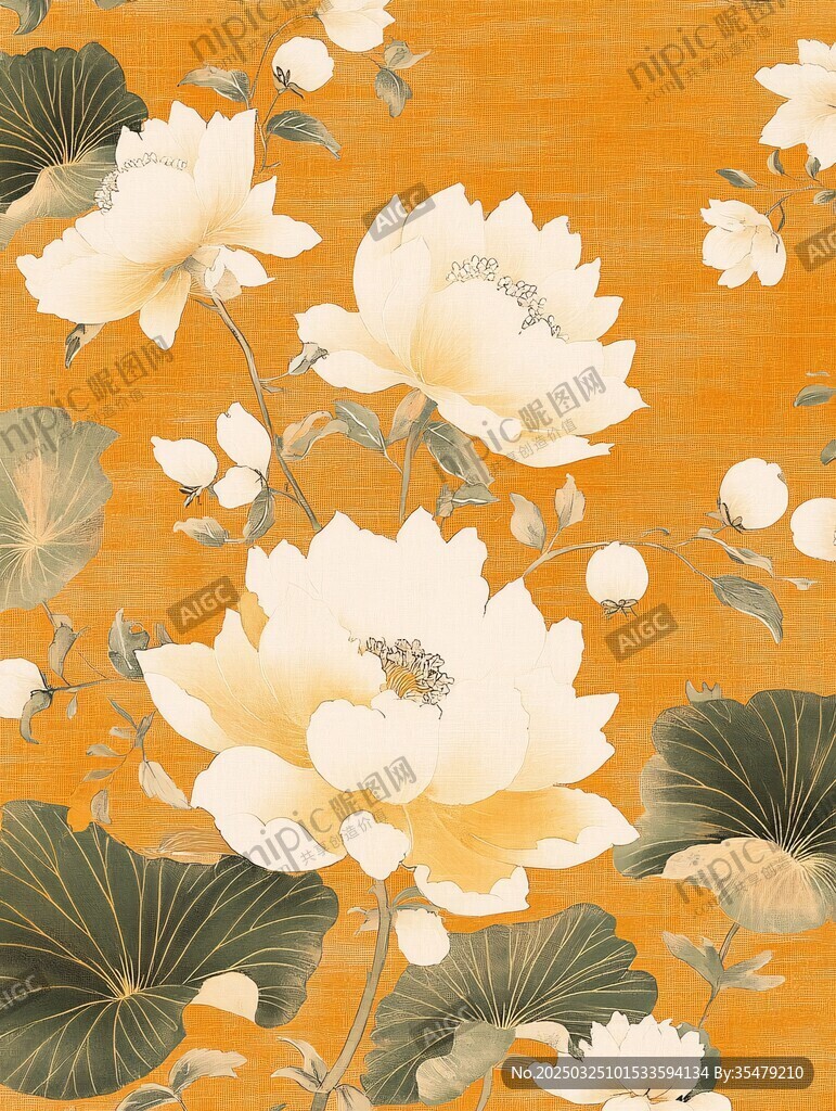 橙色底荷花花卉精美图案