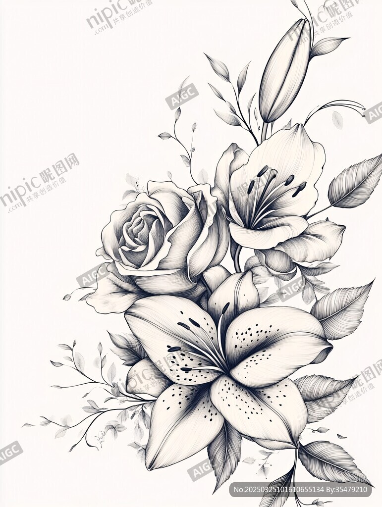 花卉黑白线条纹身图案