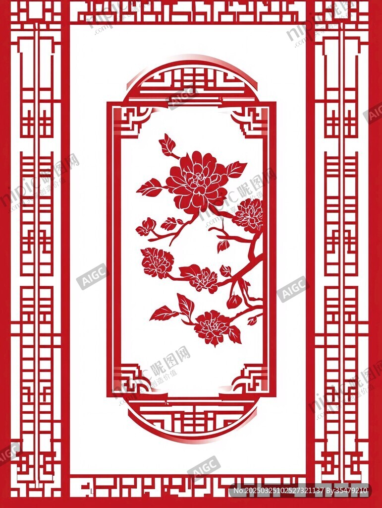 中式剪纸风花卉窗棂图案