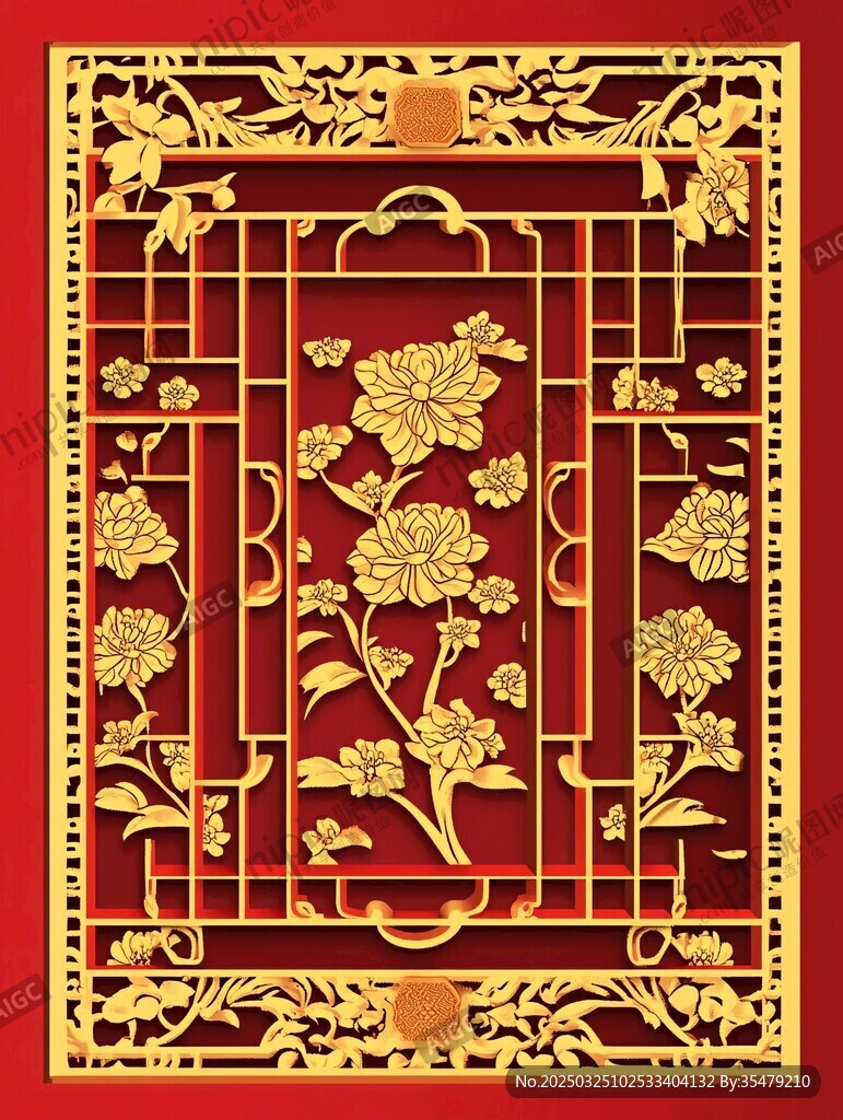 中式雕花金框花卉装饰图