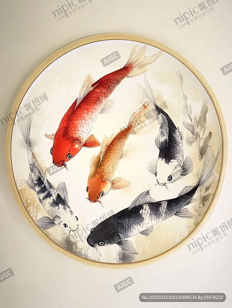 圆形锦鲤水墨装饰画