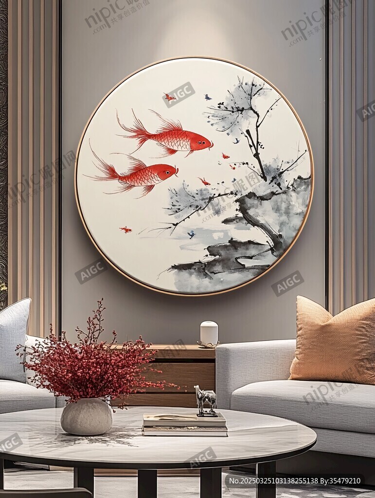 中式客厅的锦鲤圆形挂画