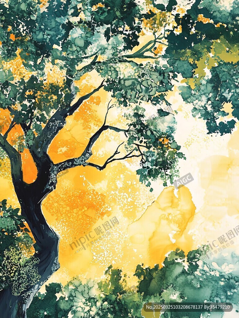 夏日繁茂大树水彩画
