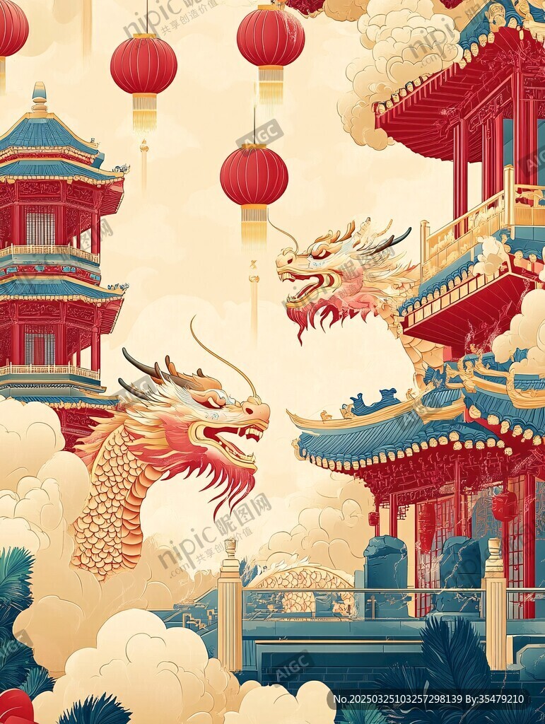 中式古风龙与楼阁图景