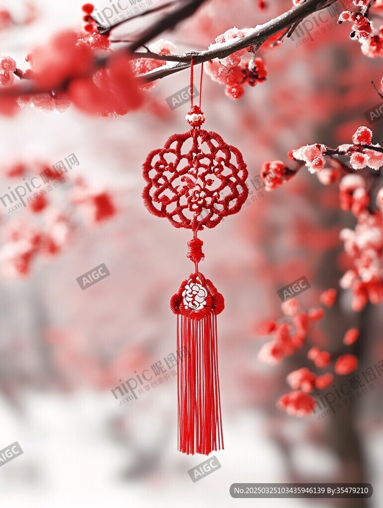 红梅枝头的中国结挂件