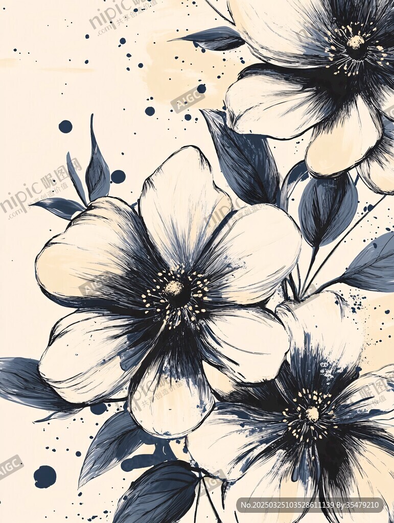 蓝白花卉水彩艺术插画