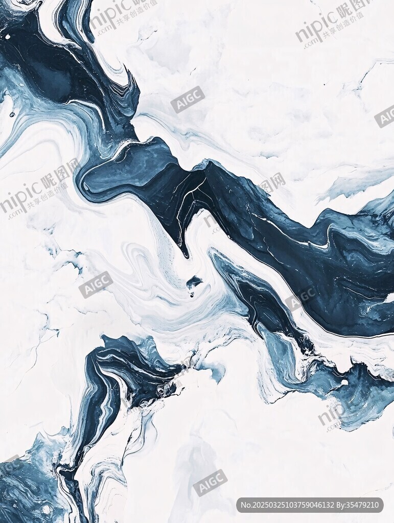 蓝白水墨抽象流体艺术画面