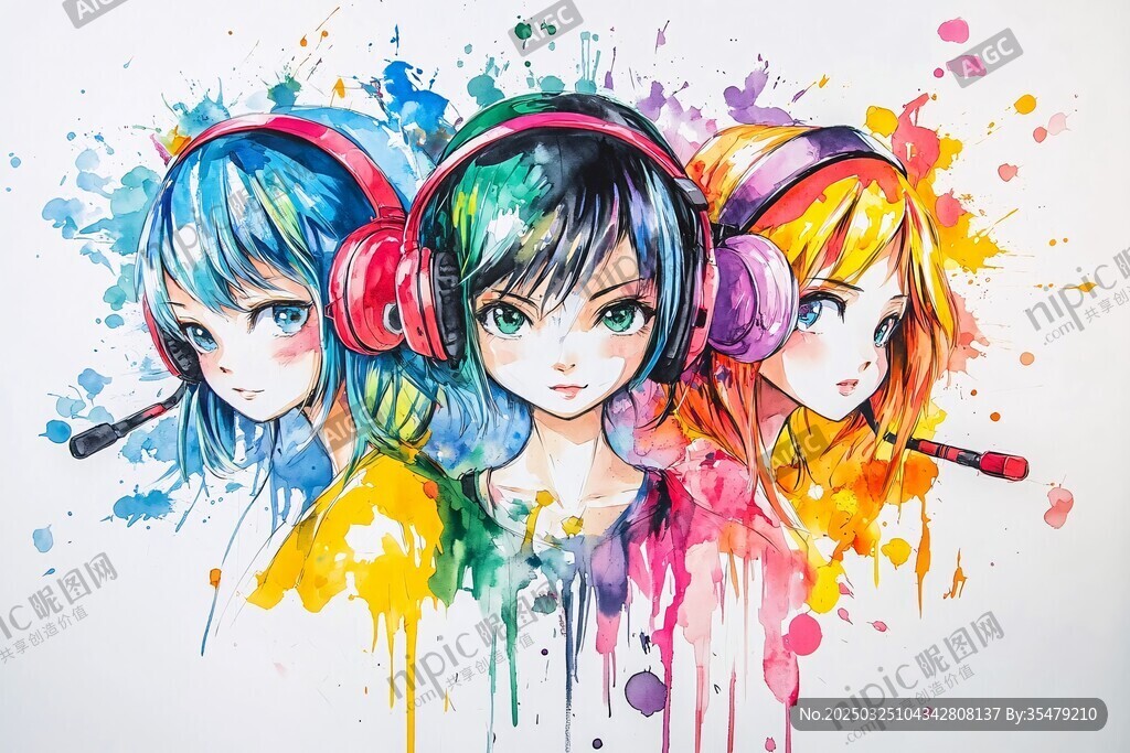 彩色耳机少女水彩风插画