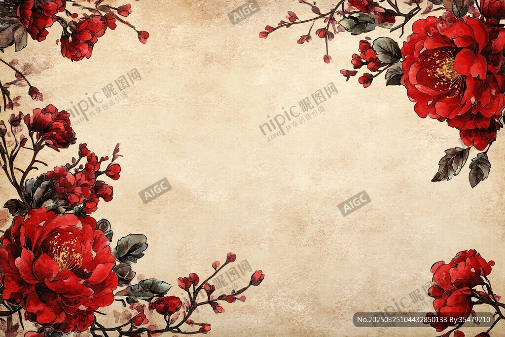 复古红牡丹花卉背景图