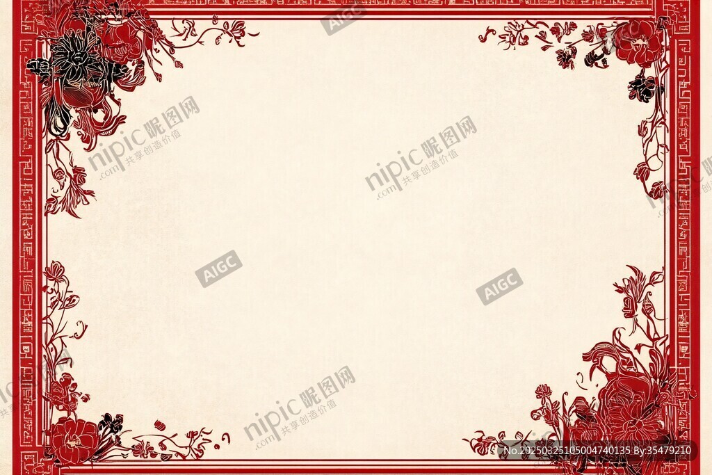 中式红底花卉边框背景图