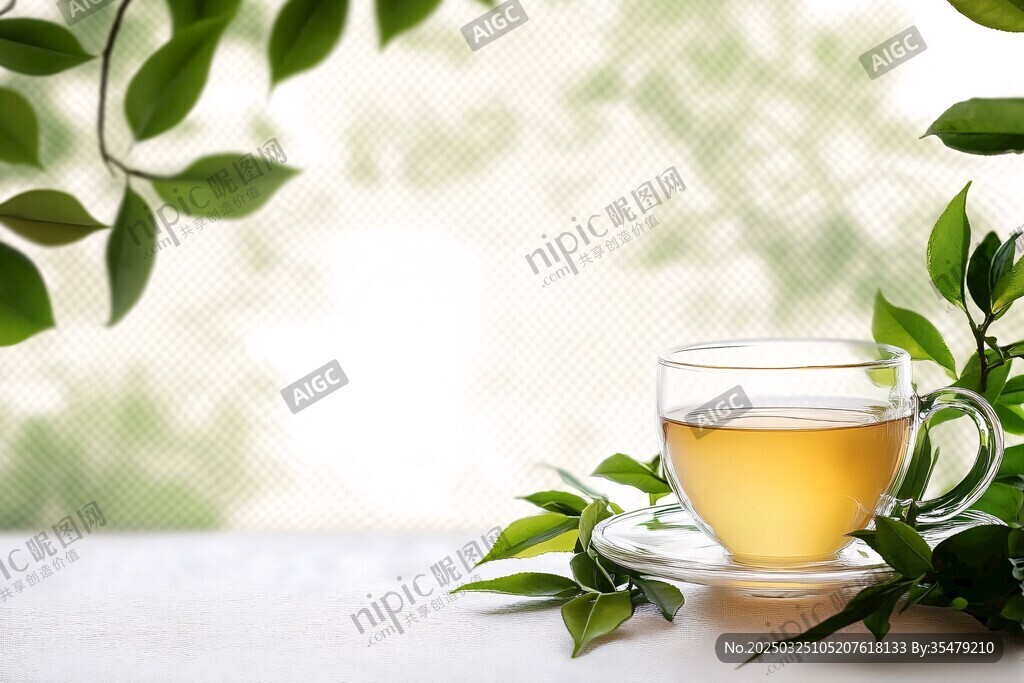 一杯清茶伴绿叶享静谧