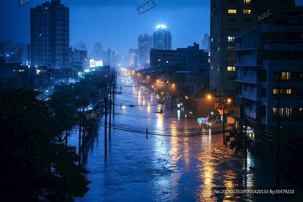 城市雨夜积水景象