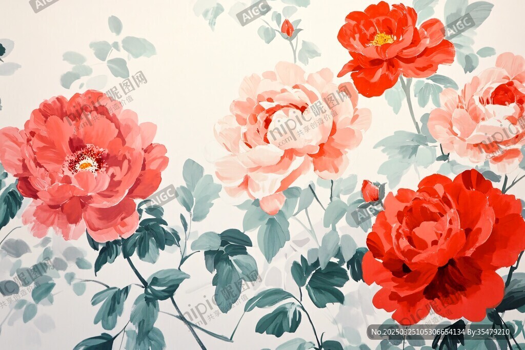 中式手绘牡丹花卉背景图