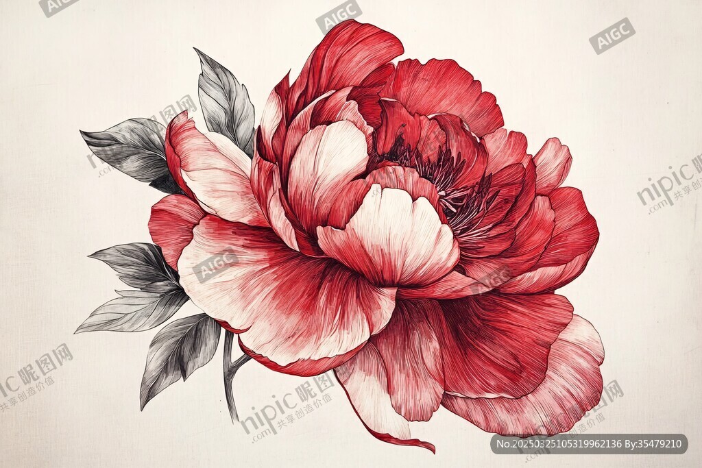 手绘红牡丹花卉插画