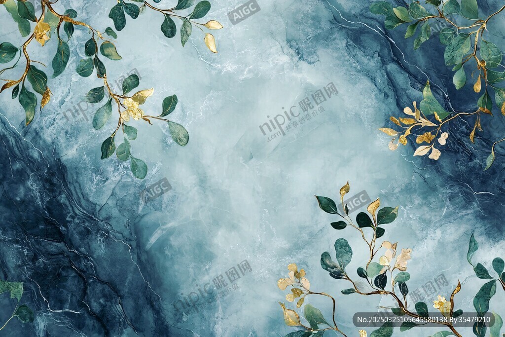 蓝绿背景下的枝叶花卉图案