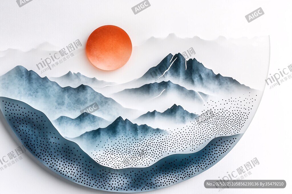 中式山水圆画中的红日美景