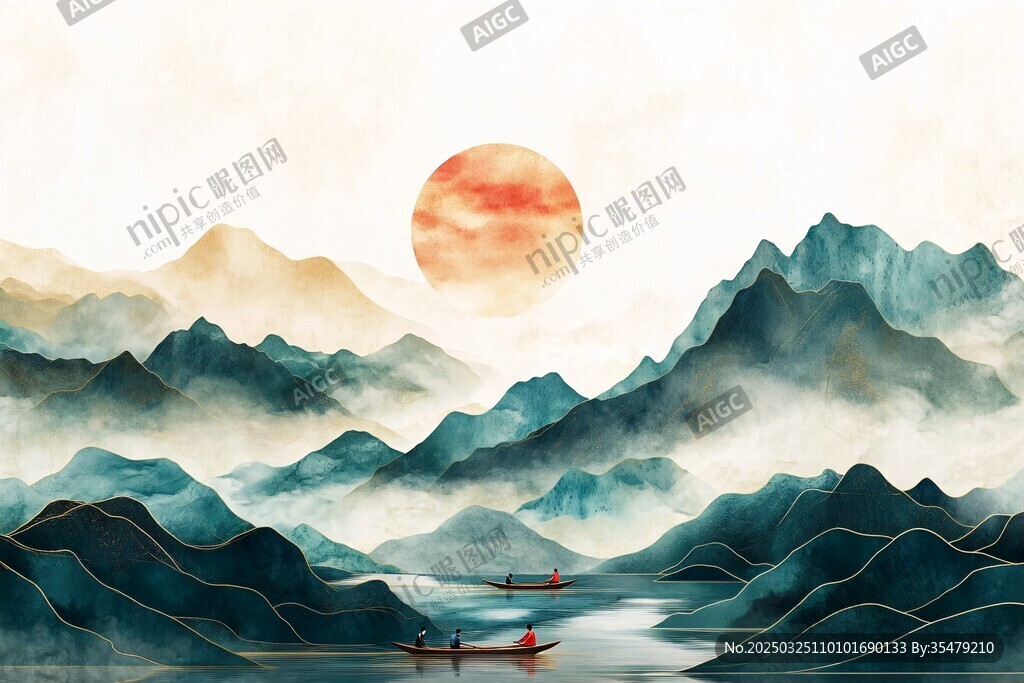 水墨山水间的诗意夕阳景