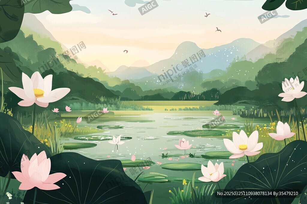夏日荷塘山水诗意风光