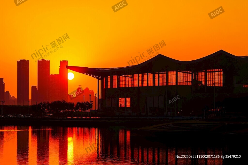 夕阳下的城市建筑与水景