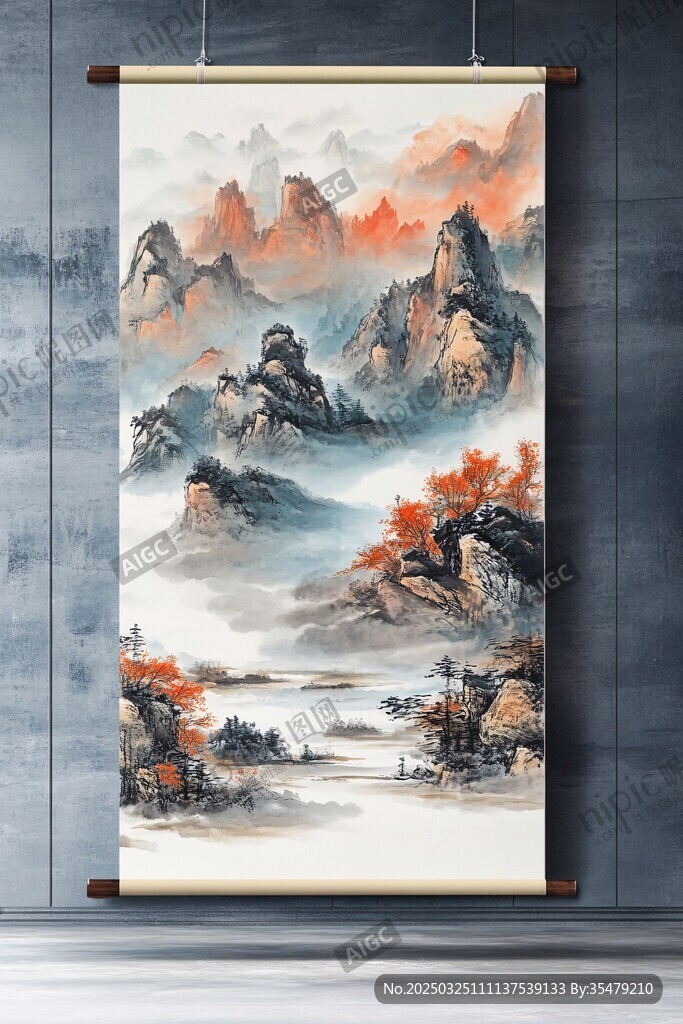 中式山水墨韵卷轴画
