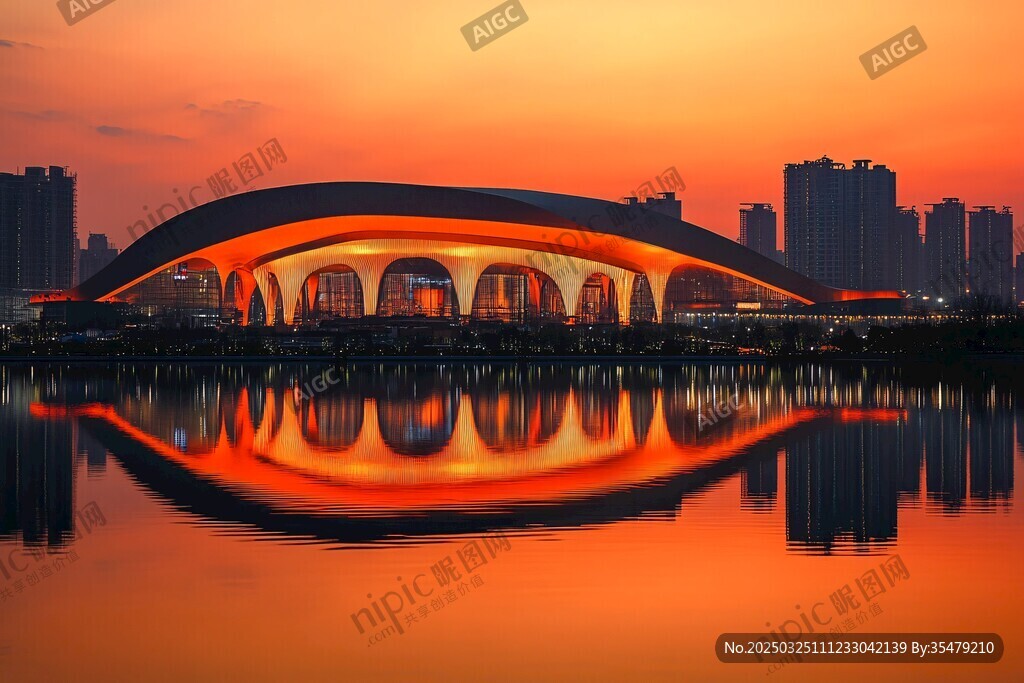 黄昏下的城市建筑倒影之美