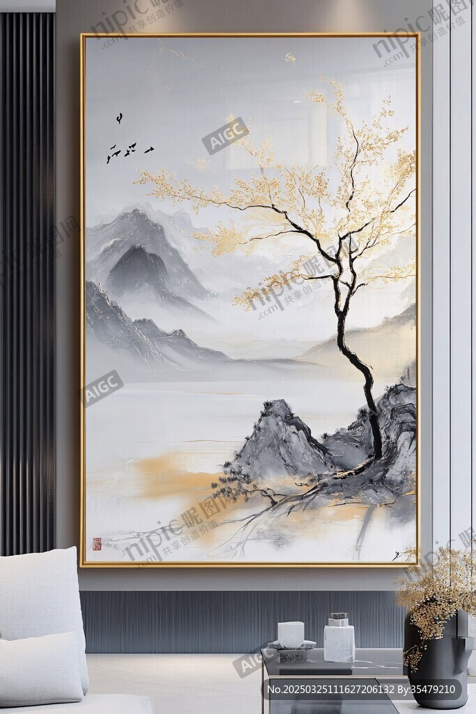 中式山水枯树装饰画意境美