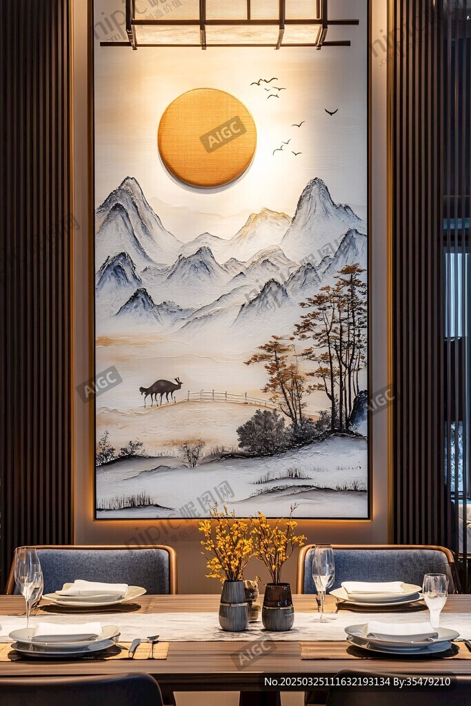 中式餐厅山水挂画意境美