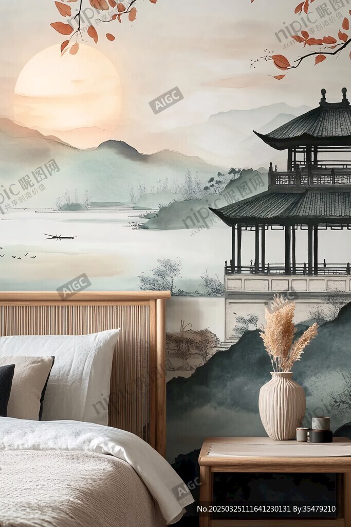 中式山水风卧室雅致壁画