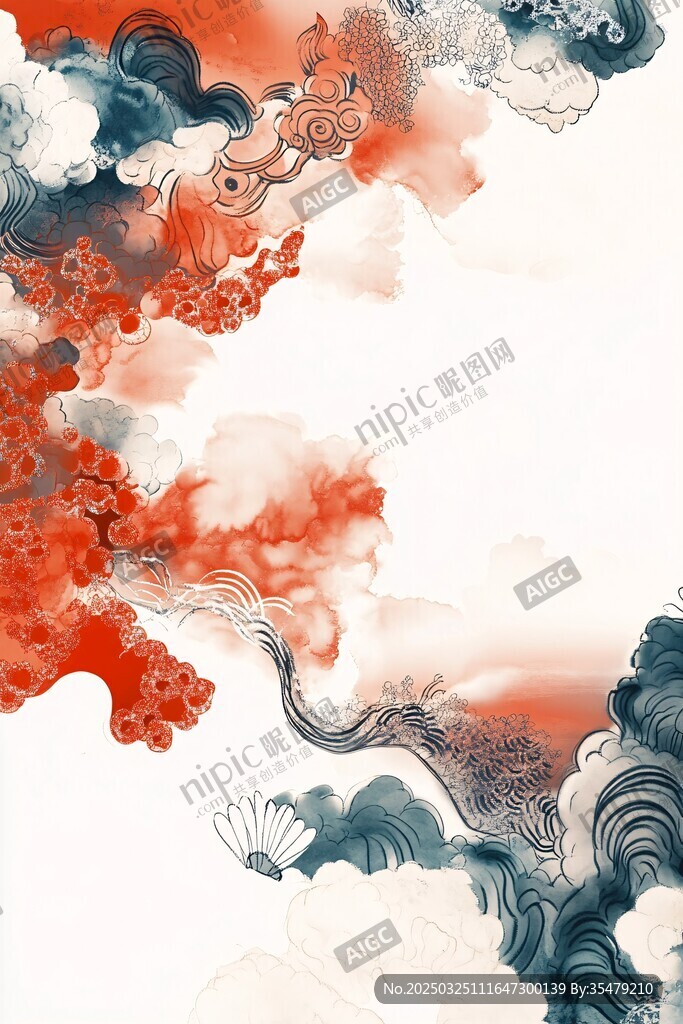 中式水墨云纹花卉背景图