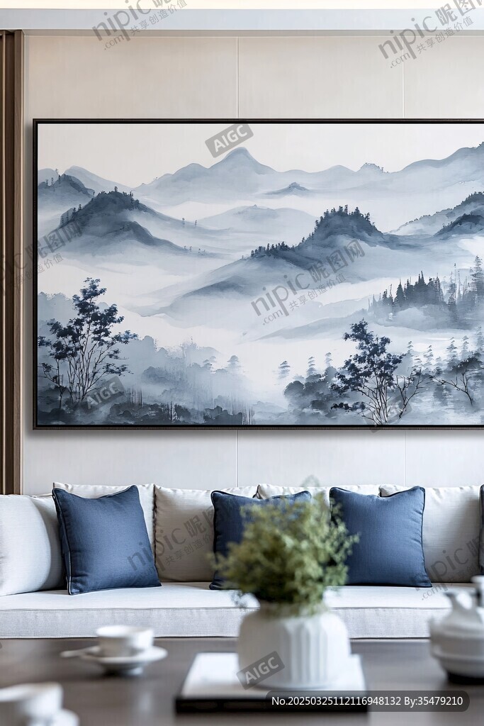 中式客厅中的水墨山水挂画