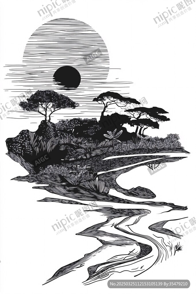孤岛落日景观黑白插画