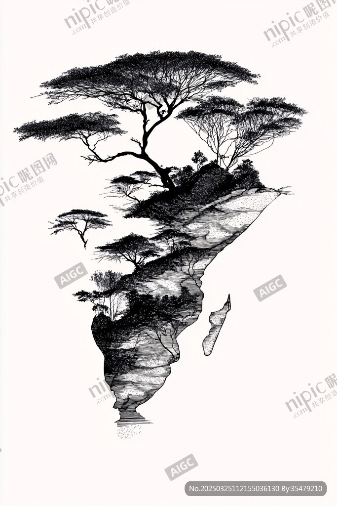 悬浮山林黑白奇幻图景