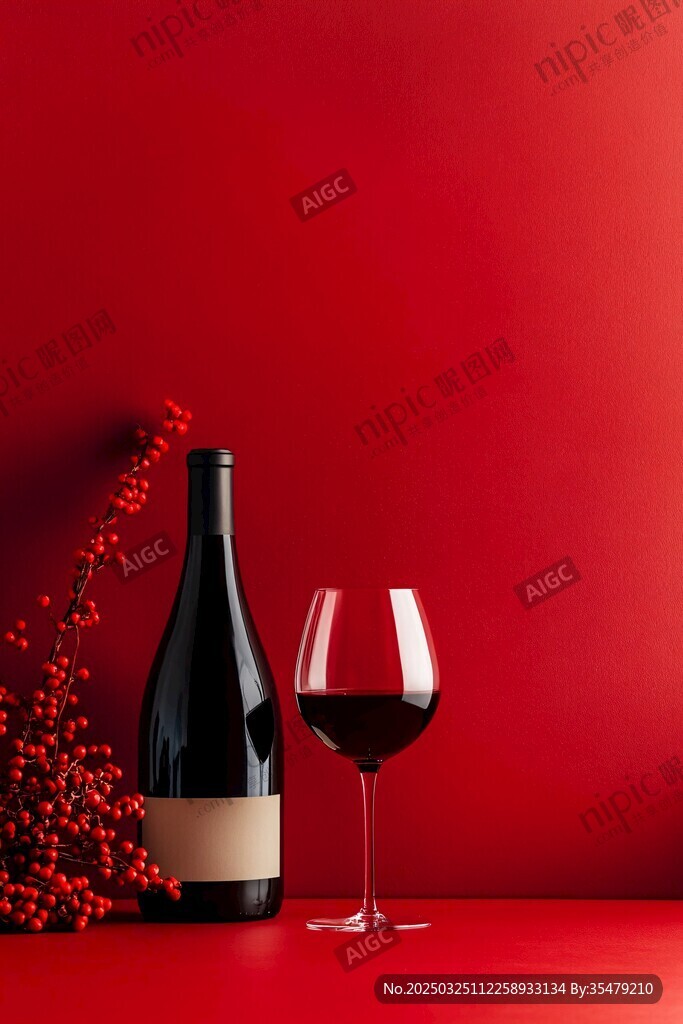 红背景下的美酒与装饰