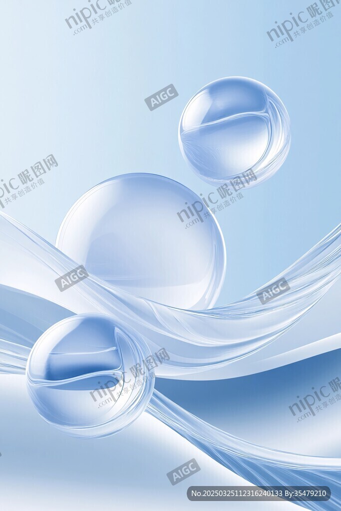 梦幻蓝调透明球体与飘带