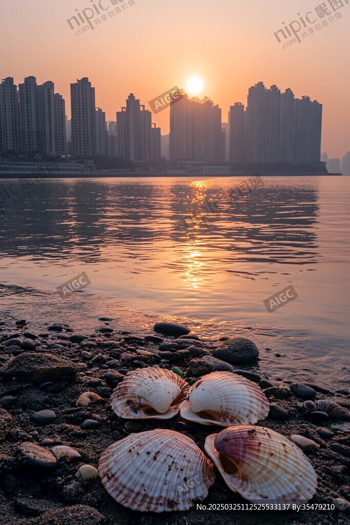 海滨城市日落与贝壳美景