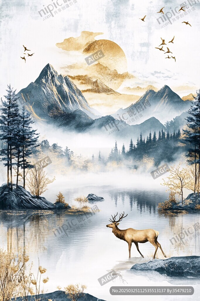 湖畔麋鹿伴山水云雾景致