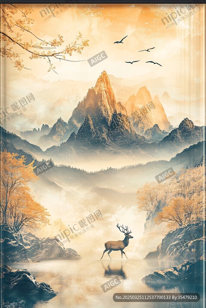 秋山林间鹿影飞鸟图