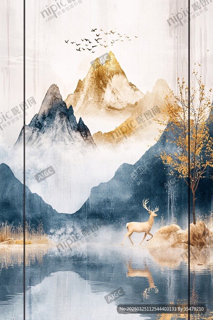 山水间鹿影飞鸟诗意画境